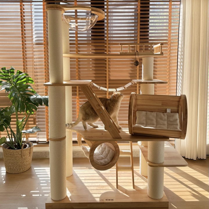 Contemporary Scandinavian Rectangular Solid Wood Panel Multi-Layer Solid Wood Panel Paper Tube Paper Rope Velvet Fabric Acrylic Large Cat Tree 6-Tier For Living Room Cuvalon