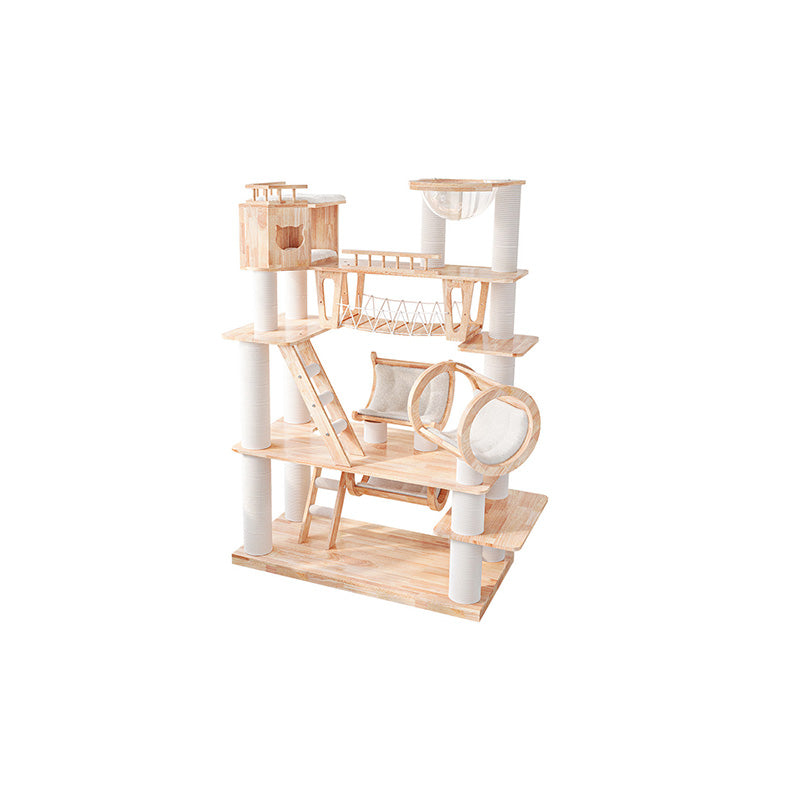 Contemporary Scandinavian Rectangular Solid Wood Panel Multi-Layer Solid Wood Panel Paper Tube Paper Rope Velvet Fabric Acrylic Large Cat Tree 6-Tier For Living Room Cuvalon