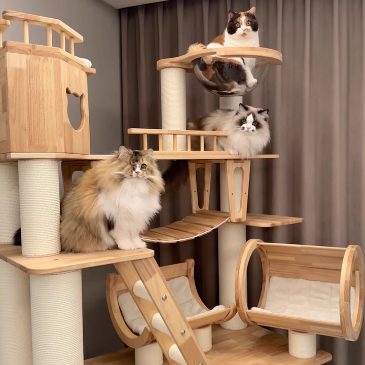Contemporary Scandinavian Rectangular Solid Wood Panel Multi-Layer Solid Wood Panel Paper Tube Paper Rope Velvet Fabric Acrylic Large Cat Tree 6-Tier For Living Room Cuvalon