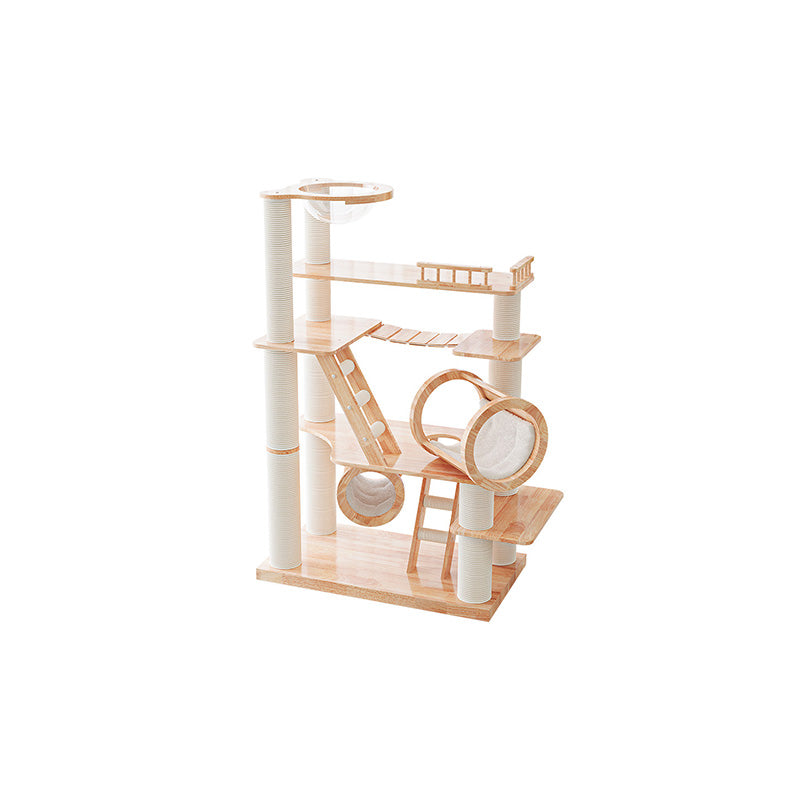 Contemporary Scandinavian Rectangular Solid Wood Panel Multi-Layer Solid Wood Panel Paper Tube Paper Rope Velvet Fabric Acrylic Large Cat Tree 6-Tier For Living Room Cuvalon