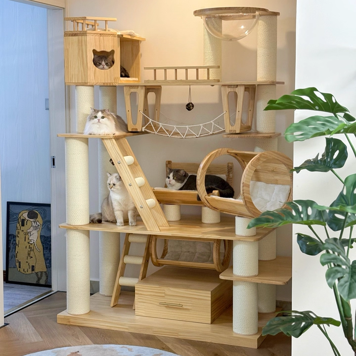 Contemporary Scandinavian Rectangular Solid Wood Panel Multi-Layer Solid Wood Panel Paper Tube Paper Rope Velvet Fabric Acrylic Large Cat Tree 6-Tier For Living Room Cuvalon