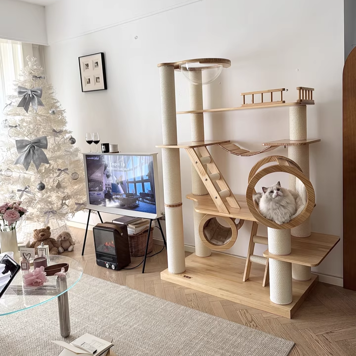 Contemporary Scandinavian Rectangular Solid Wood Panel Multi-Layer Solid Wood Panel Paper Tube Paper Rope Velvet Fabric Acrylic Large Cat Tree 6-Tier For Living Room Cuvalon