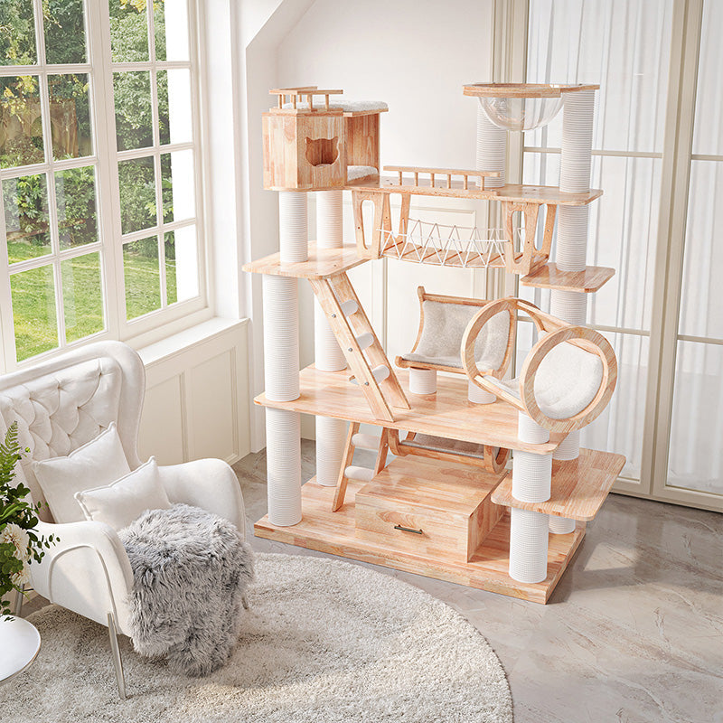Contemporary Scandinavian Rectangular Solid Wood Panel Multi-Layer Solid Wood Panel Paper Tube Paper Rope Velvet Fabric Acrylic Large Cat Tree 6-Tier For Living Room Cuvalon