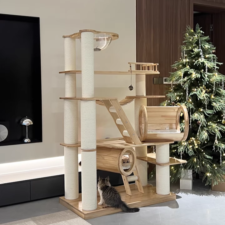 Contemporary Scandinavian Rectangular Solid Wood Panel Multi-Layer Solid Wood Panel Paper Tube Paper Rope Velvet Fabric Acrylic Large Cat Tree 6-Tier For Living Room Cuvalon
