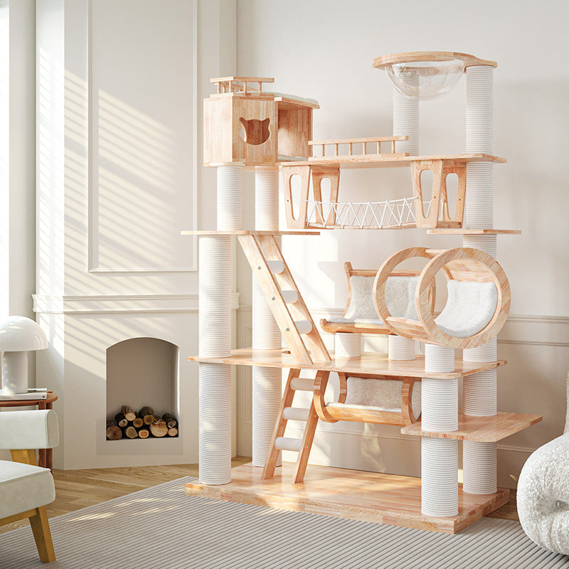Contemporary Scandinavian Rectangular Solid Wood Panel Multi-Layer Solid Wood Panel Paper Tube Paper Rope Velvet Fabric Acrylic Large Cat Tree 6-Tier For Living Room Cuvalon