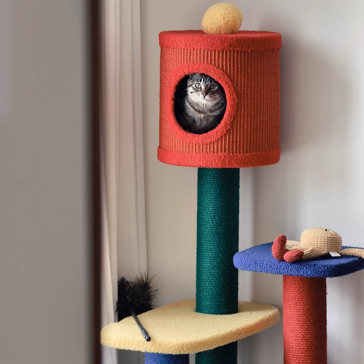 Contemporary Creative Rectangular Particleboard Corrugated Paper Sisal Jute EPS Cat Tree 2/3/4-Tier For Living Room Cuvalon