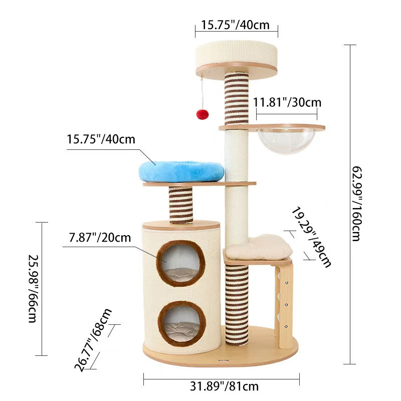 Contemporary Scandinavian Round Particleboard Velvet Fabric Paper Rope Paper Tube Cat Tree 5-Tier For Living Room Cuvalon