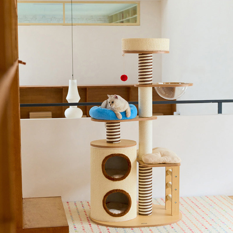 Contemporary Scandinavian Round Particleboard Velvet Fabric Paper Rope Paper Tube Cat Tree 5-Tier For Living Room Cuvalon
