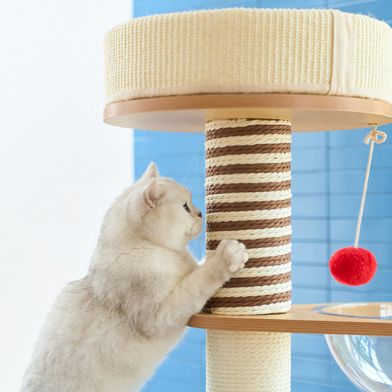 Contemporary Scandinavian Round Particleboard Velvet Fabric Paper Rope Paper Tube Cat Tree 5-Tier For Living Room Cuvalon