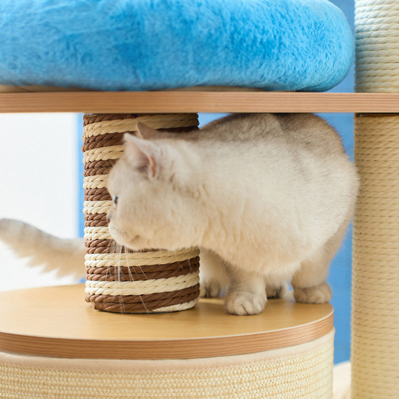 Contemporary Scandinavian Round Particleboard Velvet Fabric Paper Rope Paper Tube Cat Tree 5-Tier For Living Room Cuvalon