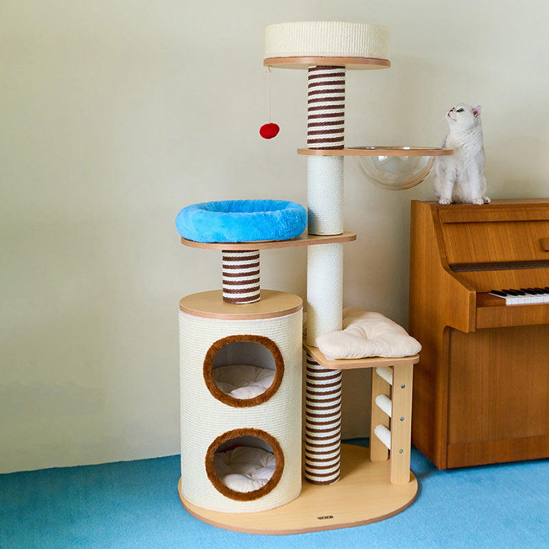Contemporary Scandinavian Round Particleboard Velvet Fabric Paper Rope Paper Tube Cat Tree 5-Tier For Living Room Cuvalon