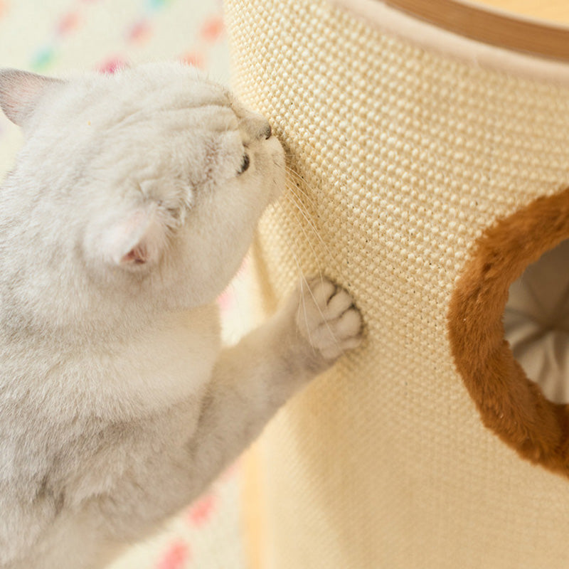 Contemporary Scandinavian Round Particleboard Velvet Fabric Paper Rope Paper Tube Cat Tree 5-Tier For Living Room Cuvalon