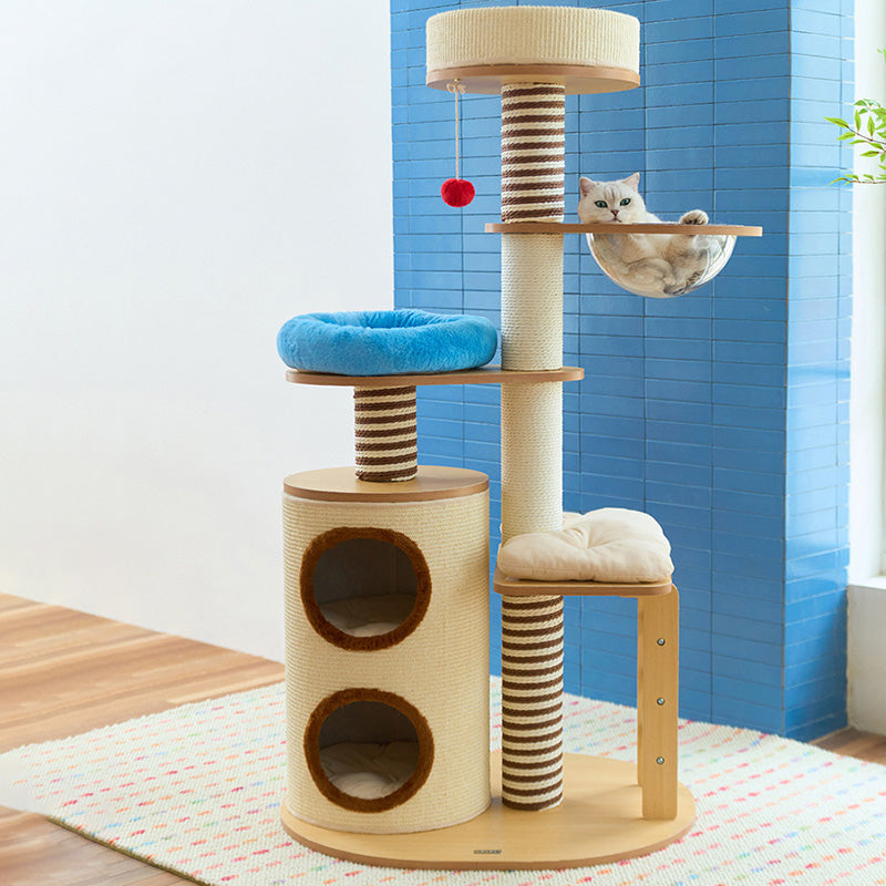 Contemporary Scandinavian Round Particleboard Velvet Fabric Paper Rope Paper Tube Cat Tree 5-Tier For Living Room Cuvalon