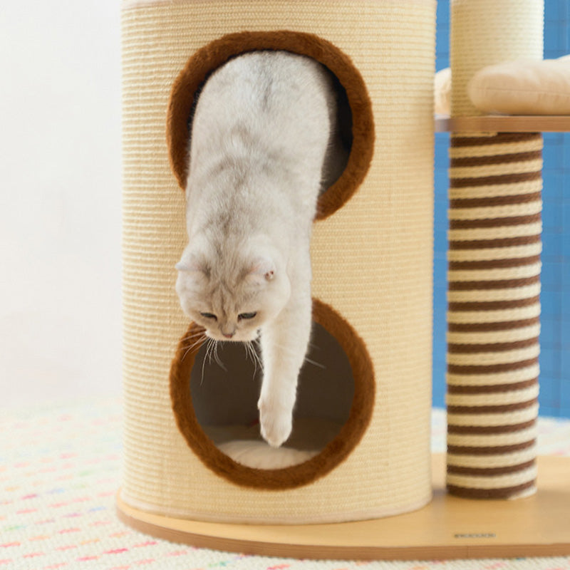 Contemporary Scandinavian Round Particleboard Velvet Fabric Paper Rope Paper Tube Cat Tree 5-Tier For Living Room Cuvalon