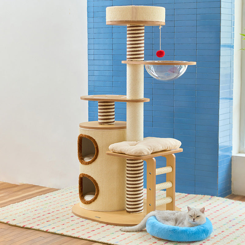 Contemporary Scandinavian Round Particleboard Velvet Fabric Paper Rope Paper Tube Cat Tree 5-Tier For Living Room Cuvalon