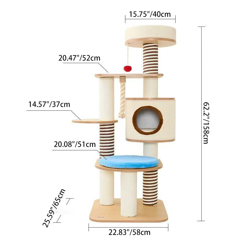 Contemporary Scandinavian Round Particleboard Velvet Fabric Paper Rope Paper Tube Cat Tree 5-Tier For Living Room Cuvalon