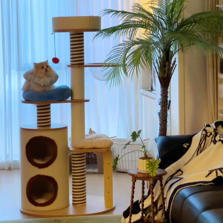 Contemporary Scandinavian Round Particleboard Velvet Fabric Paper Rope Paper Tube Cat Tree 5-Tier For Living Room Cuvalon
