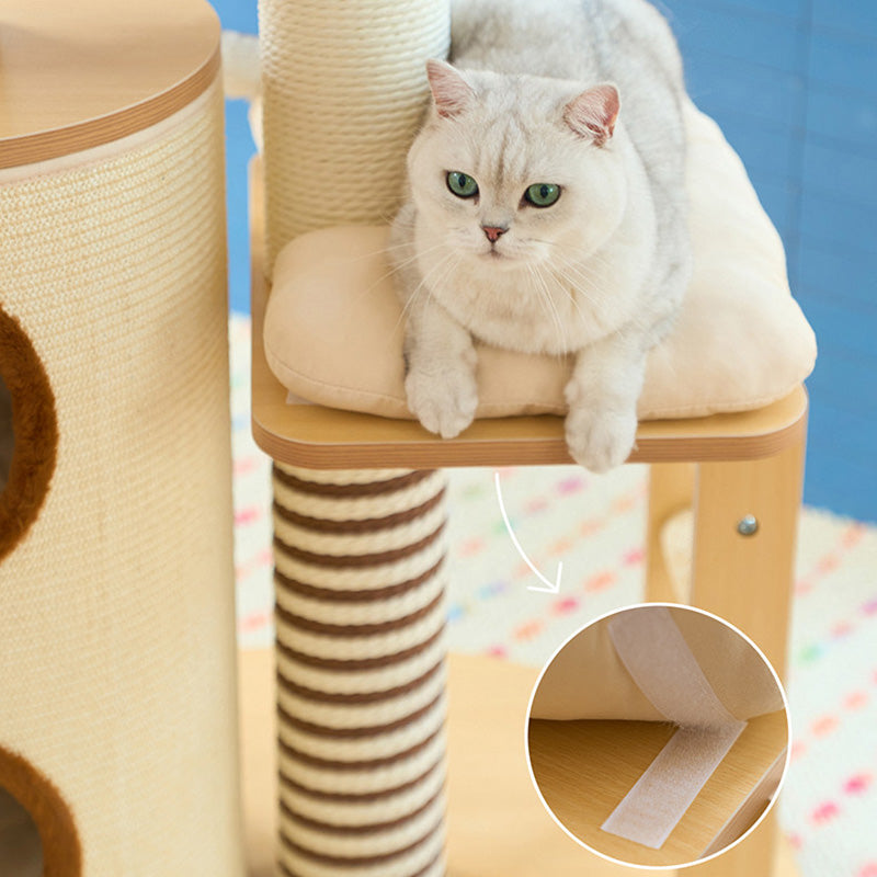 Contemporary Scandinavian Round Particleboard Velvet Fabric Paper Rope Paper Tube Cat Tree 5-Tier For Living Room Cuvalon