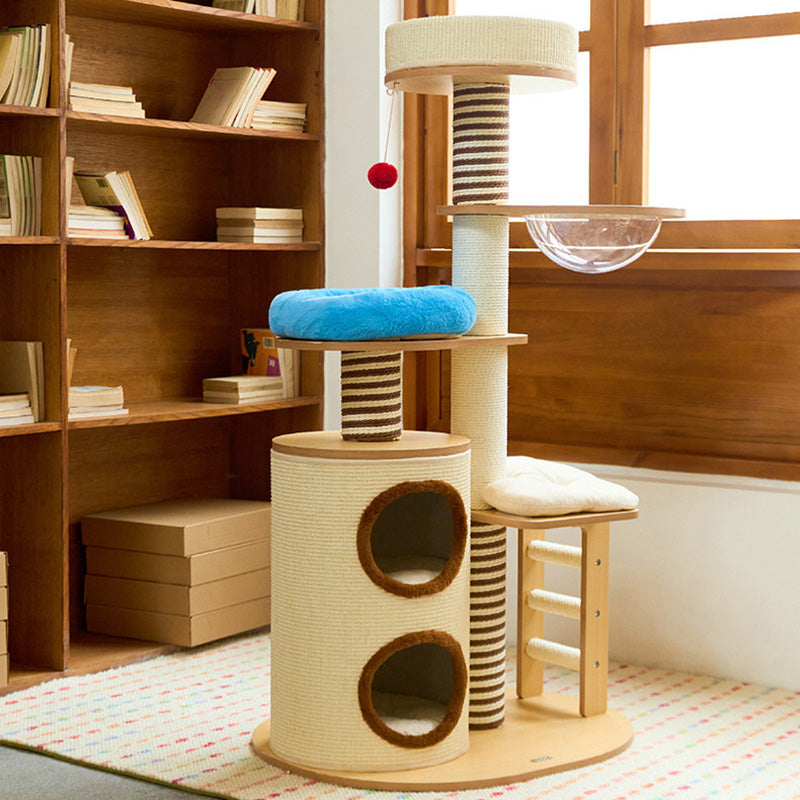Contemporary Scandinavian Round Particleboard Velvet Fabric Paper Rope Paper Tube Cat Tree 5-Tier For Living Room Cuvalon
