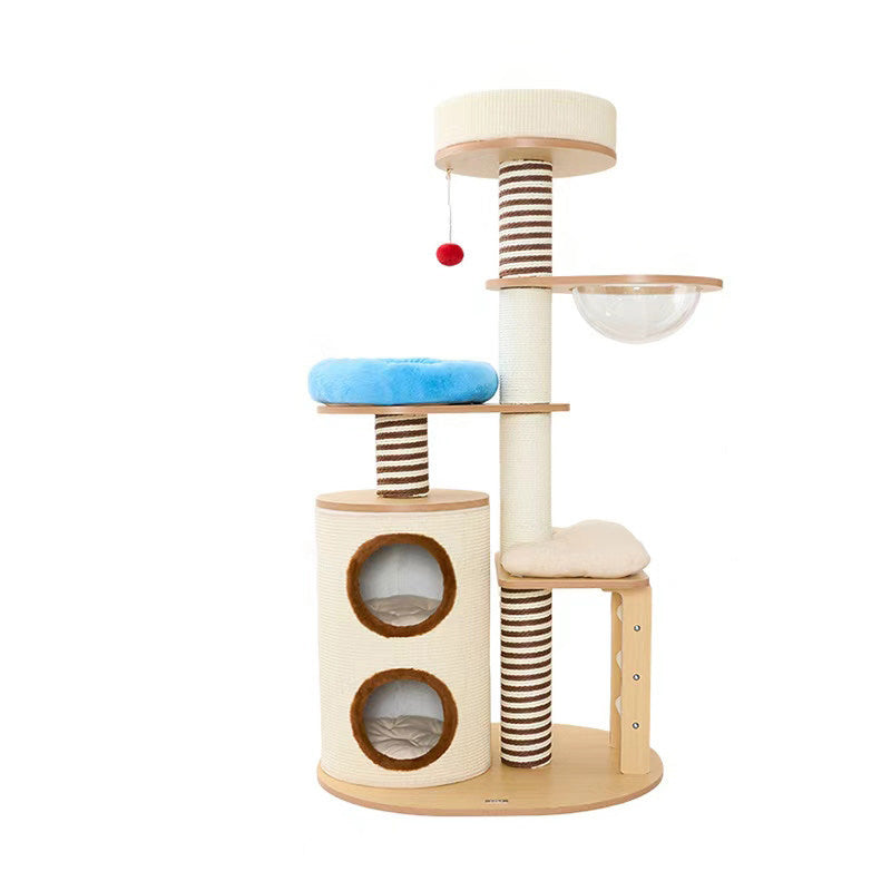 Contemporary Scandinavian Round Particleboard Velvet Fabric Paper Rope Paper Tube Cat Tree 5-Tier For Living Room Cuvalon