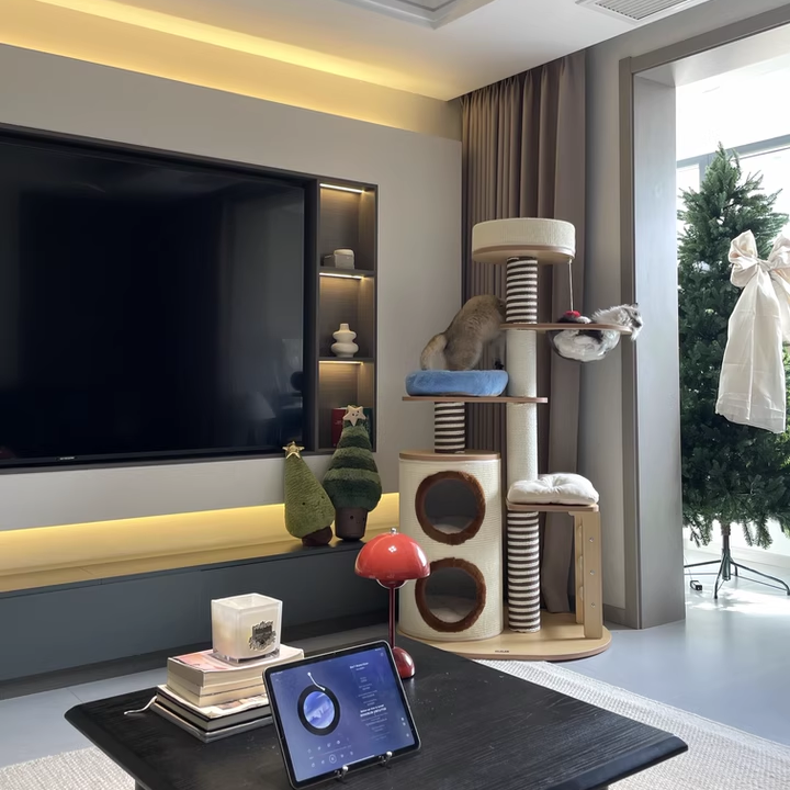 Contemporary Scandinavian Round Particleboard Velvet Fabric Paper Rope Paper Tube Cat Tree 5-Tier For Living Room Cuvalon