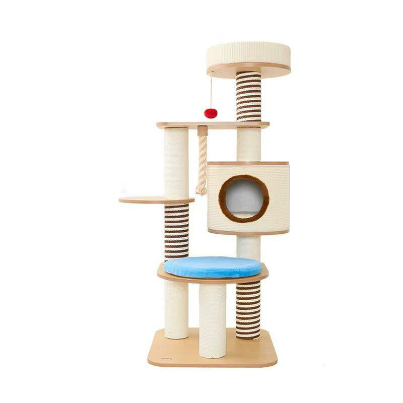 Contemporary Scandinavian Round Particleboard Velvet Fabric Paper Rope Paper Tube Cat Tree 5-Tier For Living Room Cuvalon