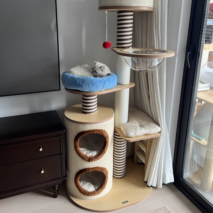 Contemporary Scandinavian Round Particleboard Velvet Fabric Paper Rope Paper Tube Cat Tree 5-Tier For Living Room Cuvalon