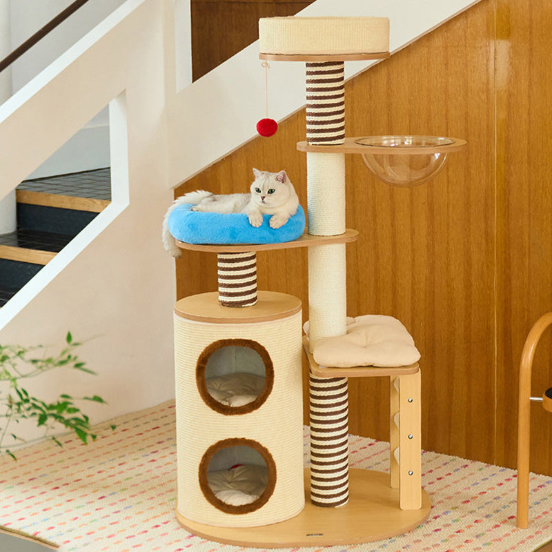 Contemporary Scandinavian Round Particleboard Velvet Fabric Paper Rope Paper Tube Cat Tree 5-Tier For Living Room Cuvalon