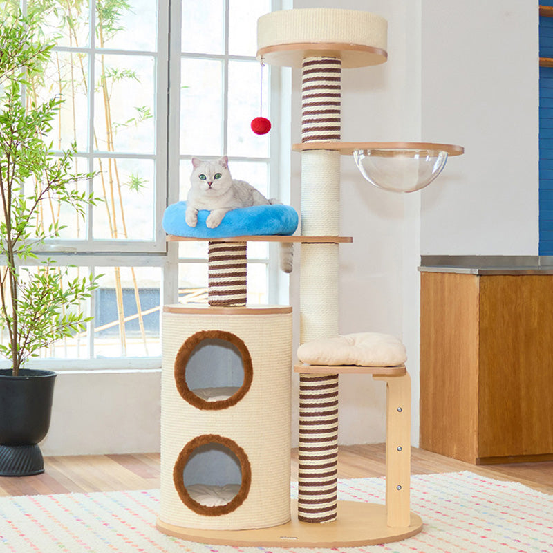 Contemporary Scandinavian Round Particleboard Velvet Fabric Paper Rope Paper Tube Cat Tree 5-Tier For Living Room Cuvalon