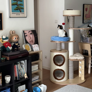 Contemporary Scandinavian Round Particleboard Velvet Fabric Paper Rope Paper Tube Cat Tree 5-Tier For Living Room Cuvalon