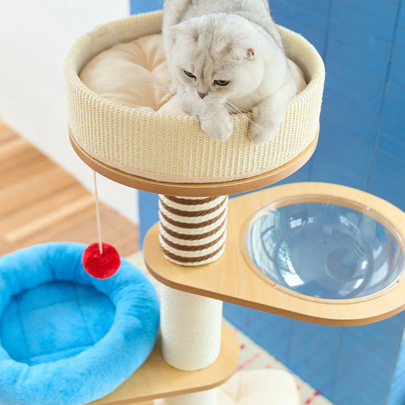 Contemporary Scandinavian Round Particleboard Velvet Fabric Paper Rope Paper Tube Cat Tree 5-Tier For Living Room Cuvalon
