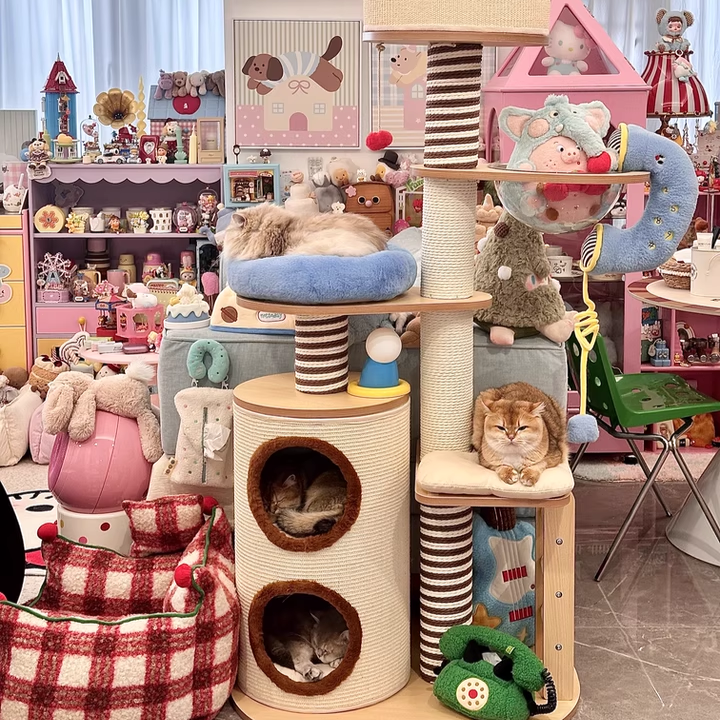 Contemporary Scandinavian Round Particleboard Velvet Fabric Paper Rope Paper Tube Cat Tree 5-Tier For Living Room Cuvalon