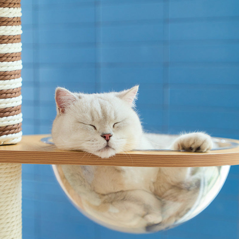 Contemporary Scandinavian Round Particleboard Velvet Fabric Paper Rope Paper Tube Cat Tree 5-Tier For Living Room Cuvalon