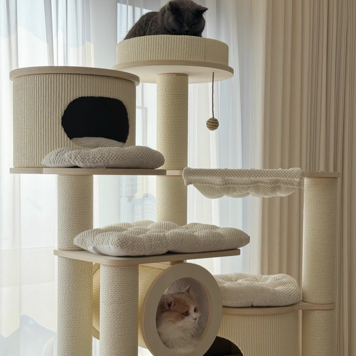 Contemporary Scandinavian Round Plywood Fiberboard Paper Rope Paper Tube Corduroy Cat Tree 7-Tier For Living Room Cuvalon
