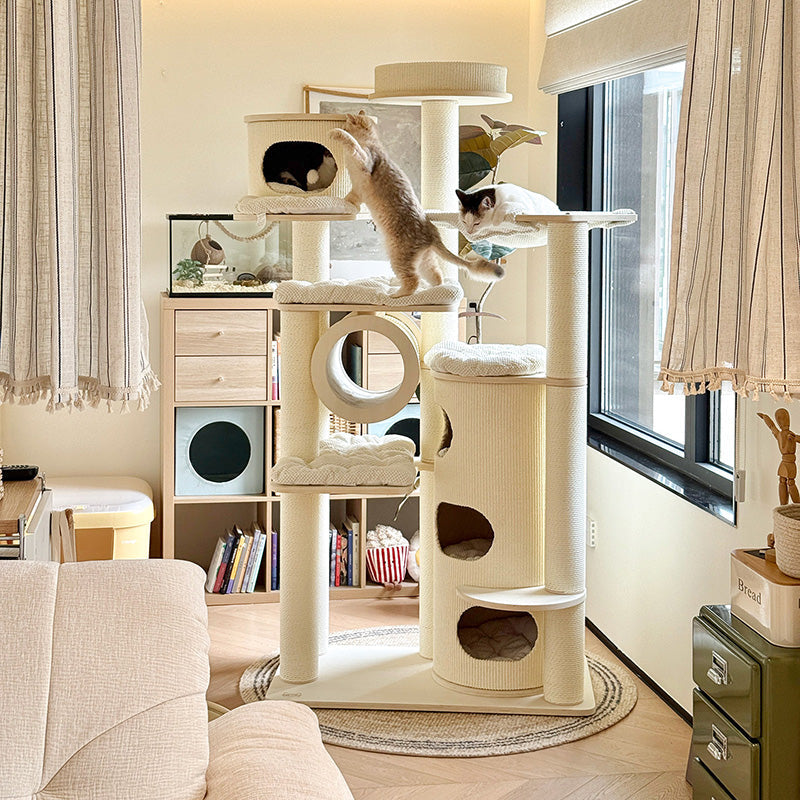 Contemporary Scandinavian Round Plywood Fiberboard Paper Rope Paper Tube Corduroy Cat Tree 7-Tier For Living Room Cuvalon