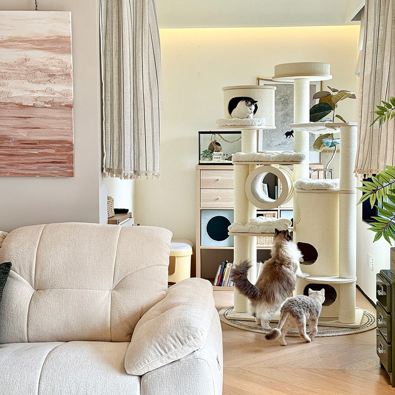 Contemporary Scandinavian Round Plywood Fiberboard Paper Rope Paper Tube Corduroy Cat Tree 7-Tier For Living Room Cuvalon