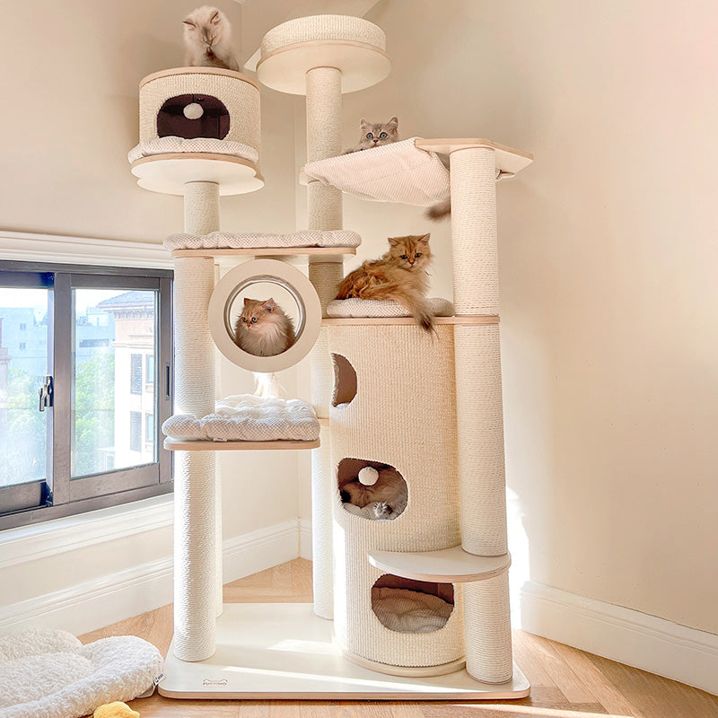 Contemporary Scandinavian Round Plywood Fiberboard Paper Rope Paper Tube Corduroy Cat Tree 7-Tier For Living Room Cuvalon
