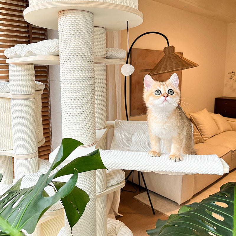 Contemporary Scandinavian Round Plywood Fiberboard Paper Rope Paper Tube Corduroy Cat Tree 7-Tier For Living Room Cuvalon
