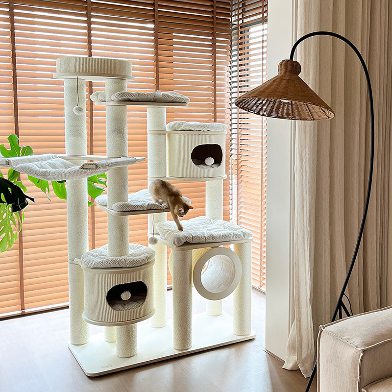 Contemporary Scandinavian Round Plywood Fiberboard Paper Rope Paper Tube Corduroy Cat Tree 7-Tier For Living Room Cuvalon