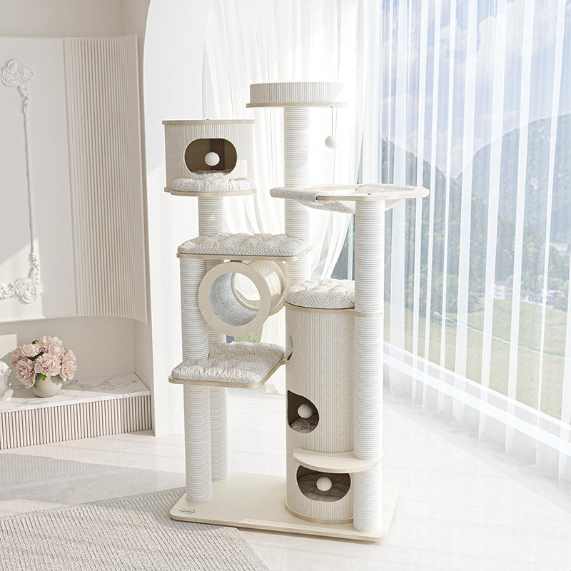 Contemporary Scandinavian Round Plywood Fiberboard Paper Rope Paper Tube Corduroy Cat Tree 7-Tier For Living Room Cuvalon