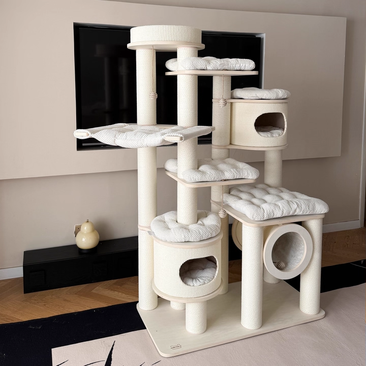 Contemporary Scandinavian Round Plywood Fiberboard Paper Rope Paper Tube Corduroy Cat Tree 7-Tier For Living Room Cuvalon