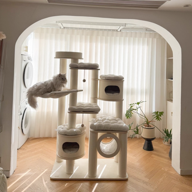 Contemporary Scandinavian Round Plywood Fiberboard Paper Rope Paper Tube Corduroy Cat Tree 7-Tier For Living Room Cuvalon