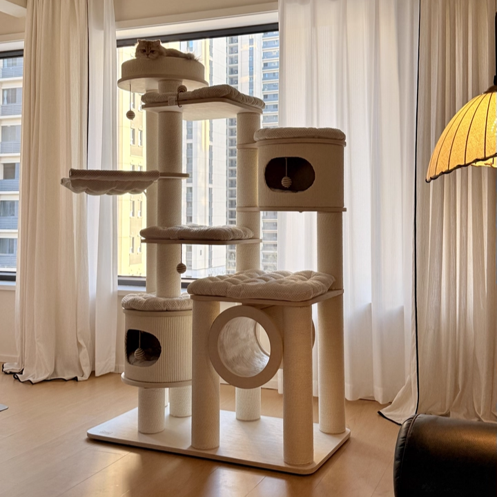 Contemporary Scandinavian Round Plywood Fiberboard Paper Rope Paper Tube Corduroy Cat Tree 7-Tier For Living Room Cuvalon