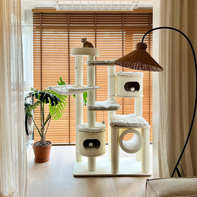 Contemporary Scandinavian Round Plywood Fiberboard Paper Rope Paper Tube Corduroy Cat Tree 7-Tier For Living Room Cuvalon