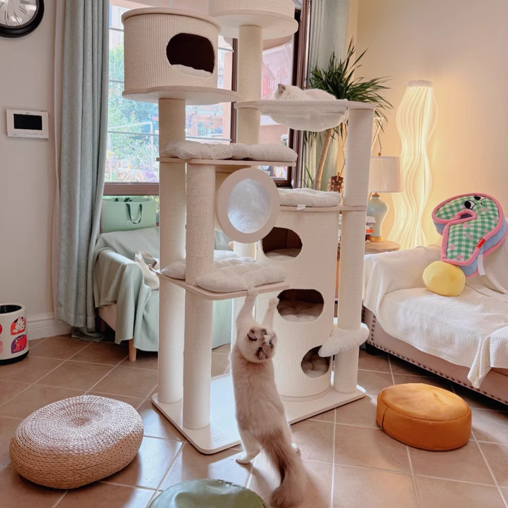 Contemporary Scandinavian Round Plywood Fiberboard Paper Rope Paper Tube Corduroy Cat Tree 7-Tier For Living Room Cuvalon
