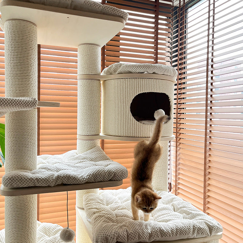 Contemporary Scandinavian Round Plywood Fiberboard Paper Rope Paper Tube Corduroy Cat Tree 7-Tier For Living Room Cuvalon