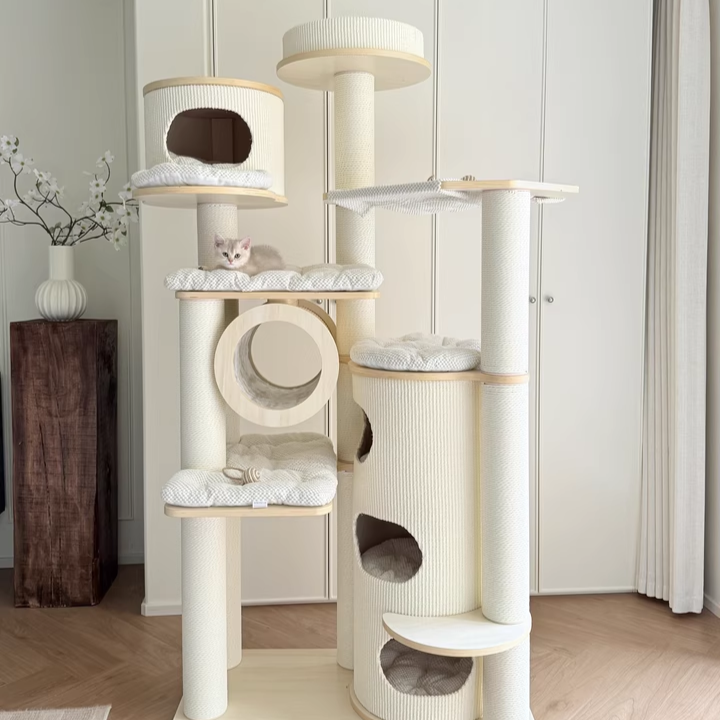 Contemporary Scandinavian Round Plywood Fiberboard Paper Rope Paper Tube Corduroy Cat Tree 7-Tier For Living Room Cuvalon