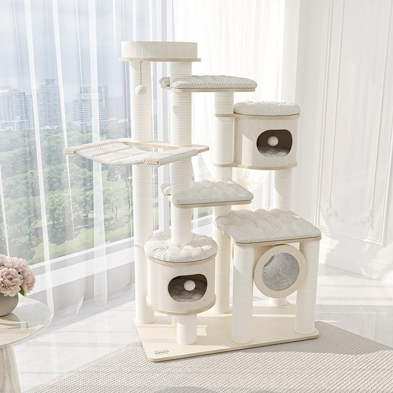 Contemporary Scandinavian Round Plywood Fiberboard Paper Rope Paper Tube Corduroy Cat Tree 7-Tier For Living Room Cuvalon