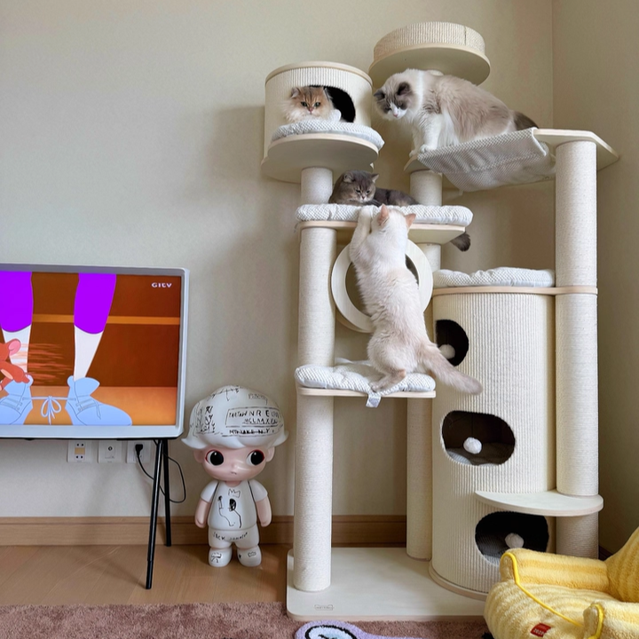 Contemporary Scandinavian Round Plywood Fiberboard Paper Rope Paper Tube Corduroy Cat Tree 7-Tier For Living Room Cuvalon