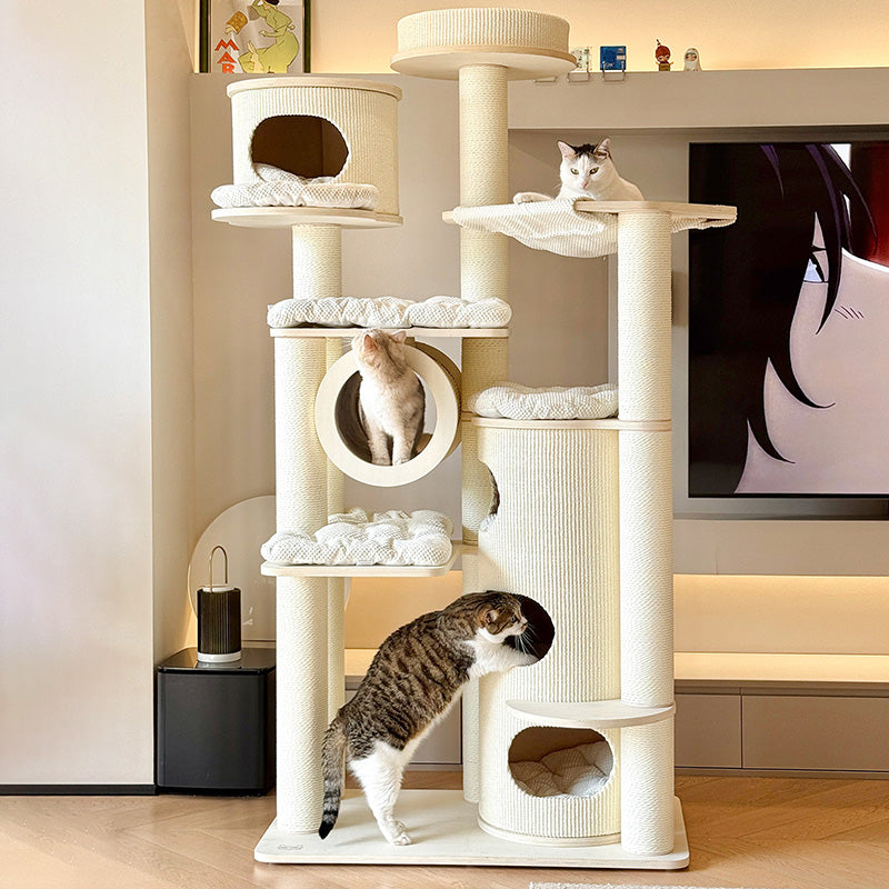 Contemporary Scandinavian Round Plywood Fiberboard Paper Rope Paper Tube Corduroy Cat Tree 7-Tier For Living Room Cuvalon